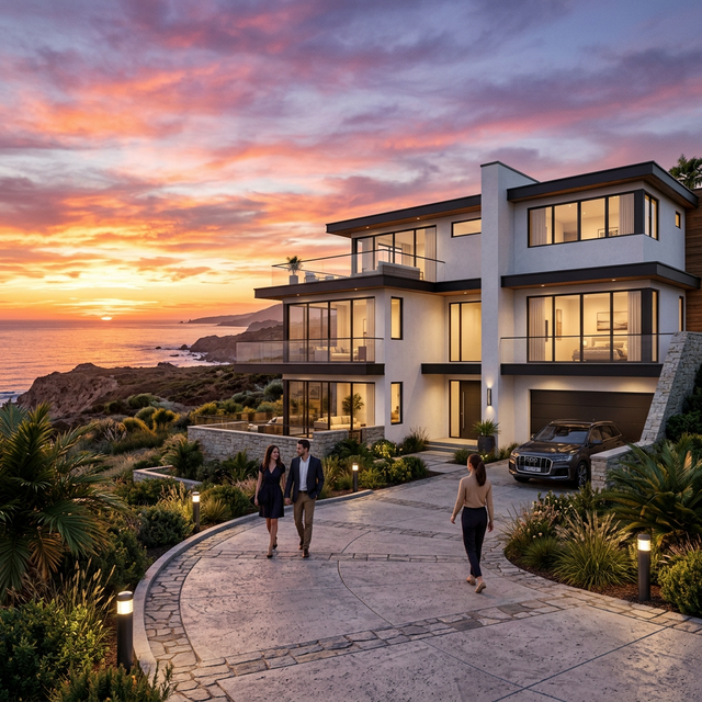 Modern white house at sunset