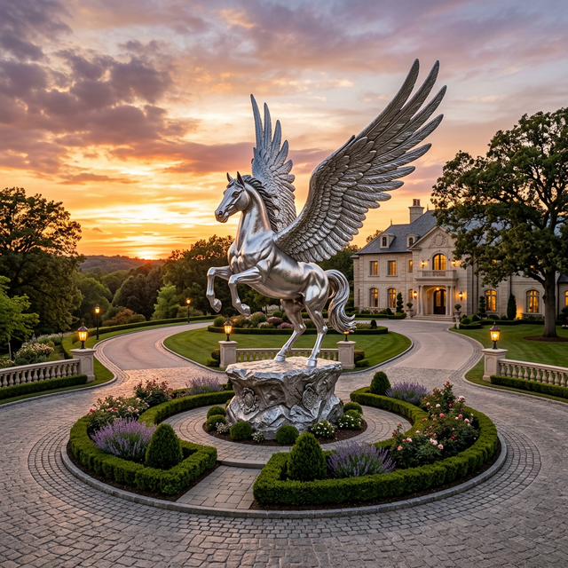 Silver winged horse statue in a driveway