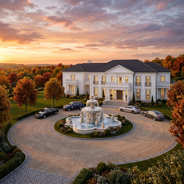 Large white estate with fountain