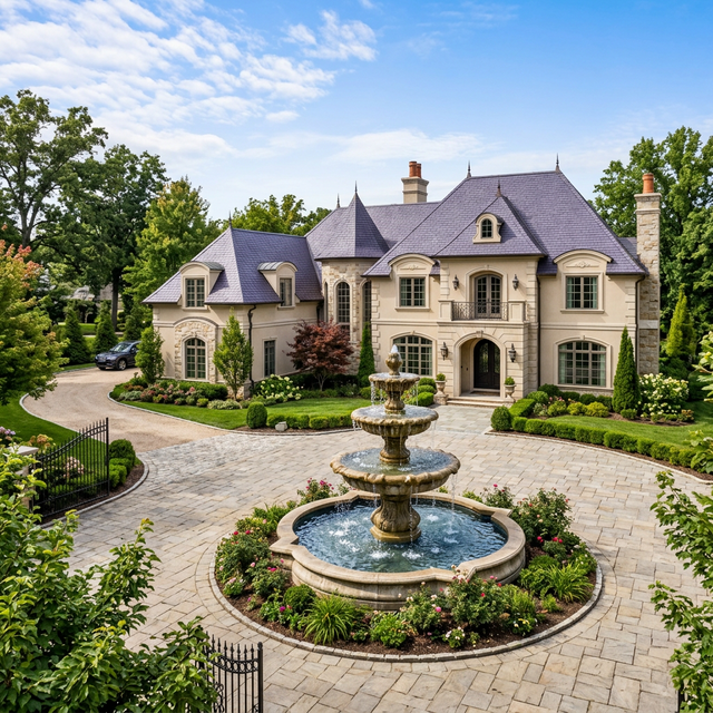Large beige estate with purple roof